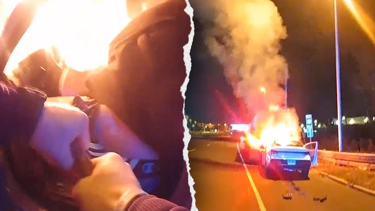 Hero cop rescues passed out driver from blazing wreckage