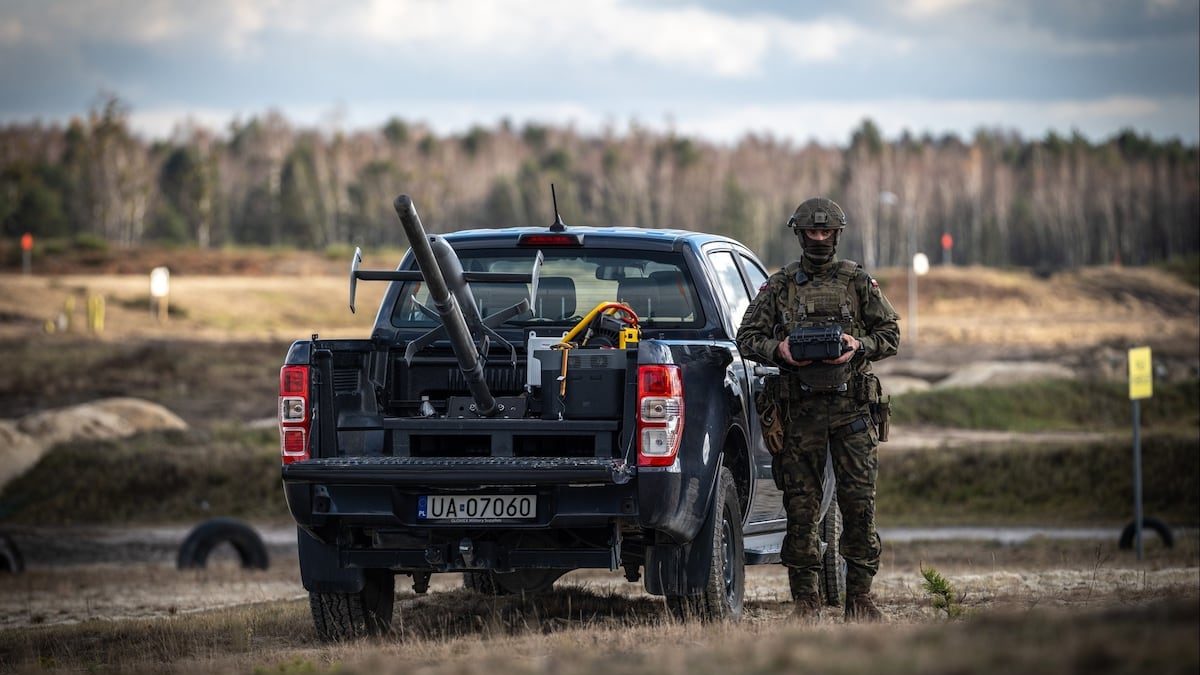 US and NATO troops practice drone-on-drone combat using a pickup truck