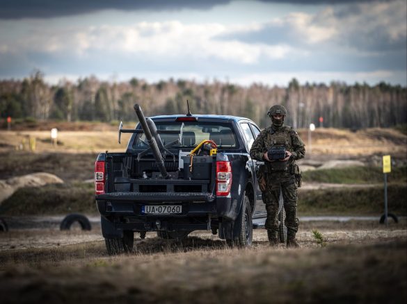 US and NATO troops practice drone-on-drone combat using a pickup truck